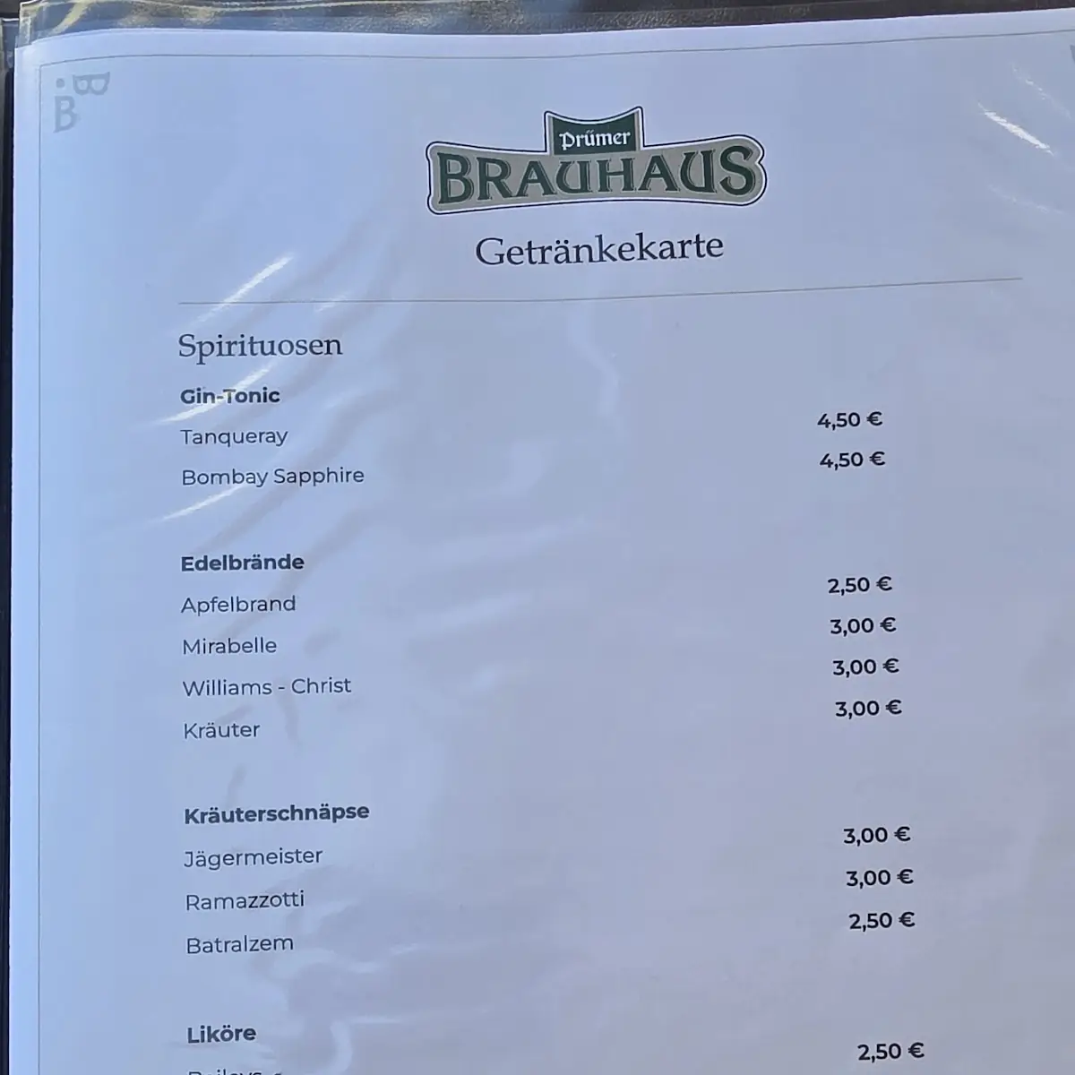 Speisekarte, Prümer Brauhaus