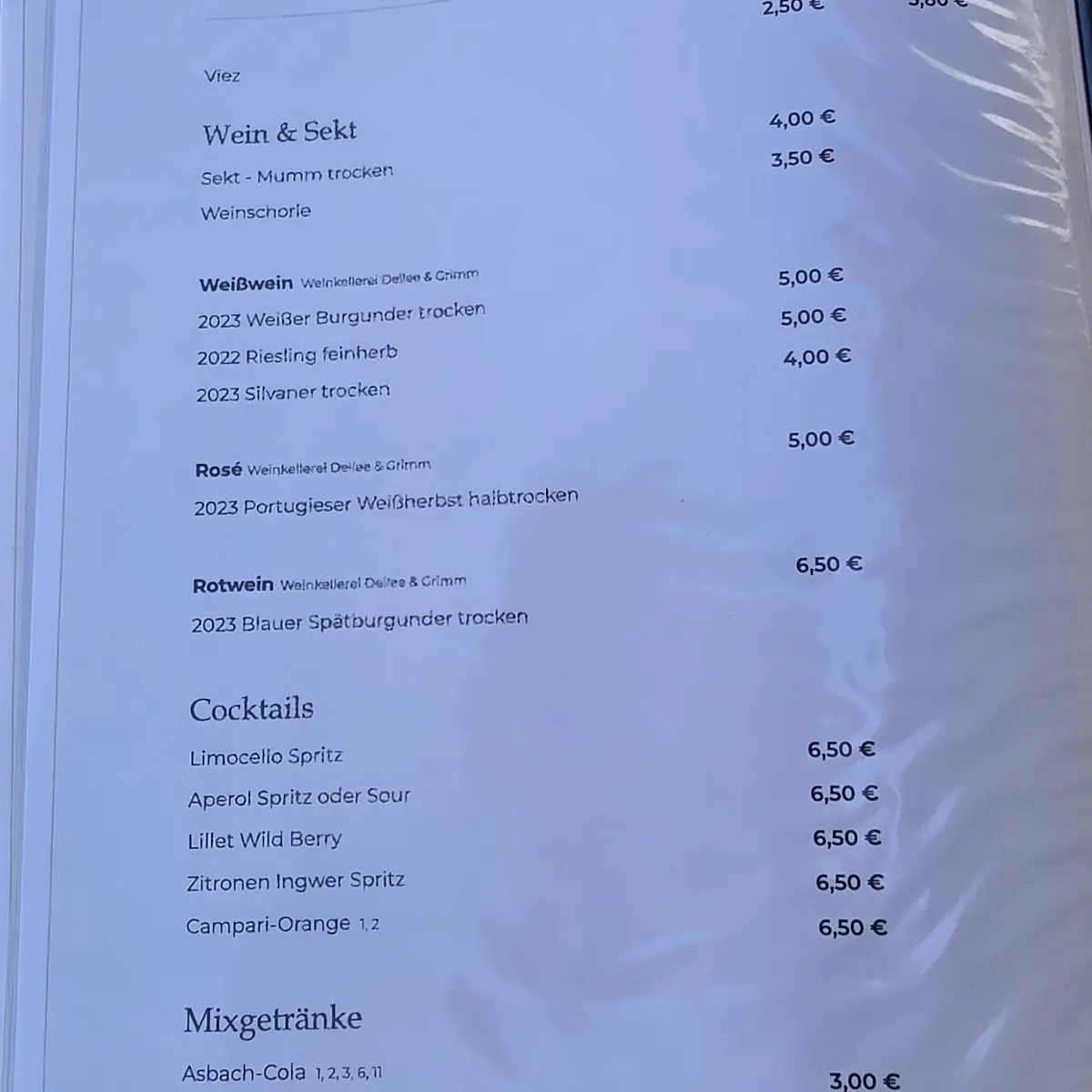 Speisekarte, Prümer Brauhaus