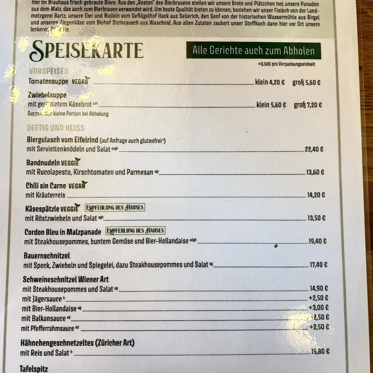 Speisekarte, Prümer Brauhaus