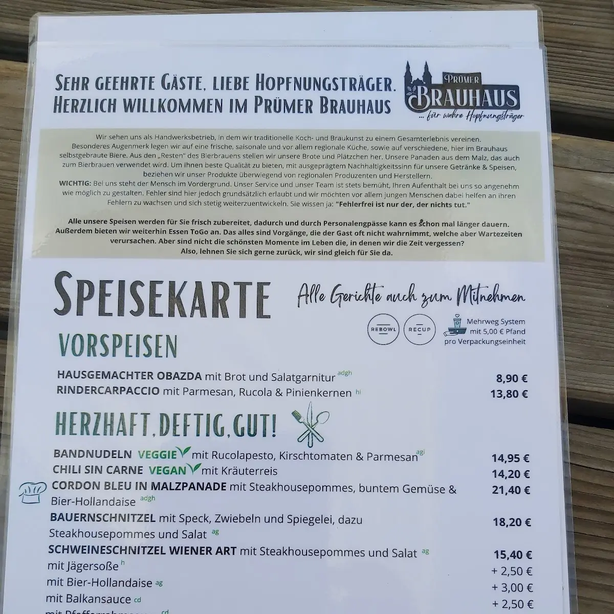 Speisekarte, Prümer Brauhaus
