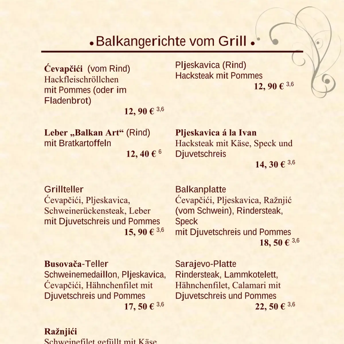 Speisekarte, Restaurant Grund