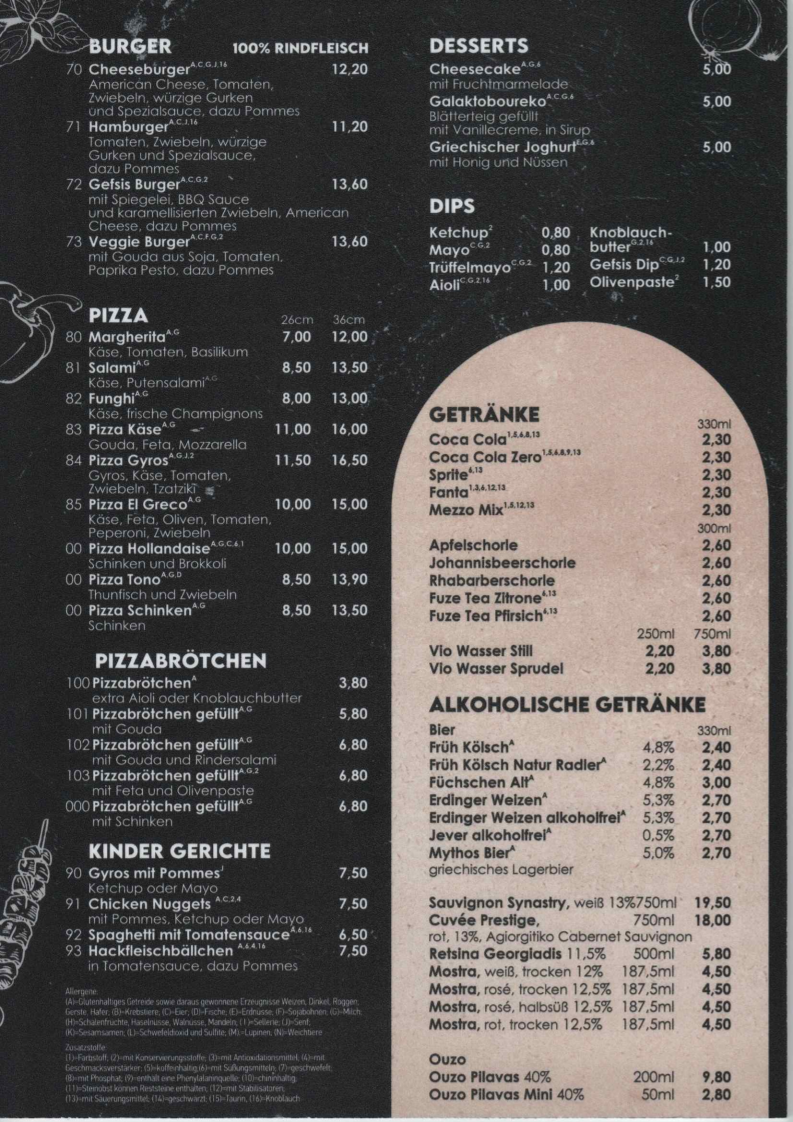 Speisekarte, Gefsis griechisches Schnellrestaurant