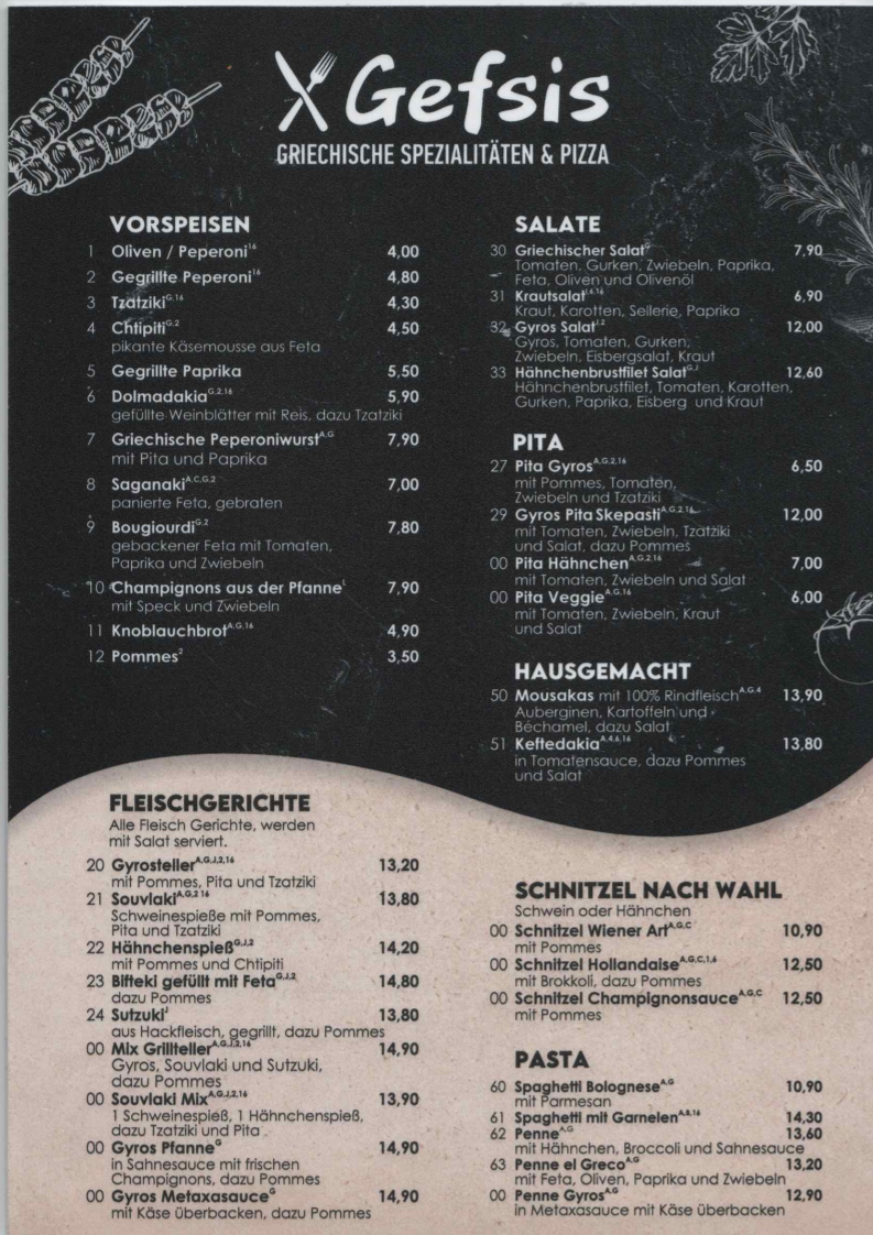 Speisekarte, Gefsis griechisches Schnellrestaurant