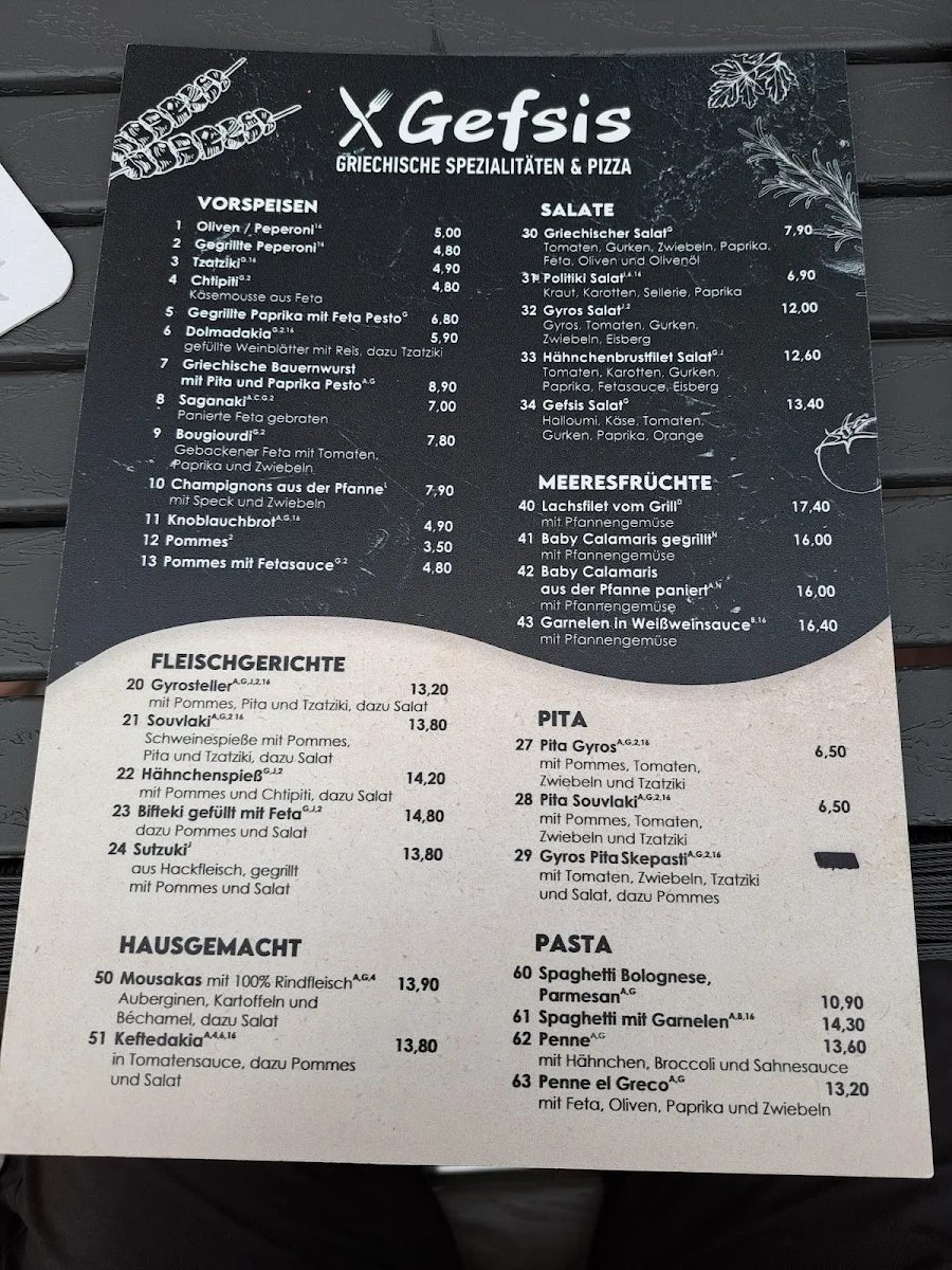 Speisekarte, Gefsis griechisches Schnellrestaurant