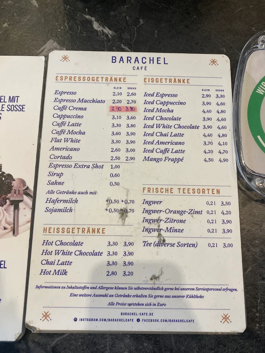 Speisekarte, Barachel Café
