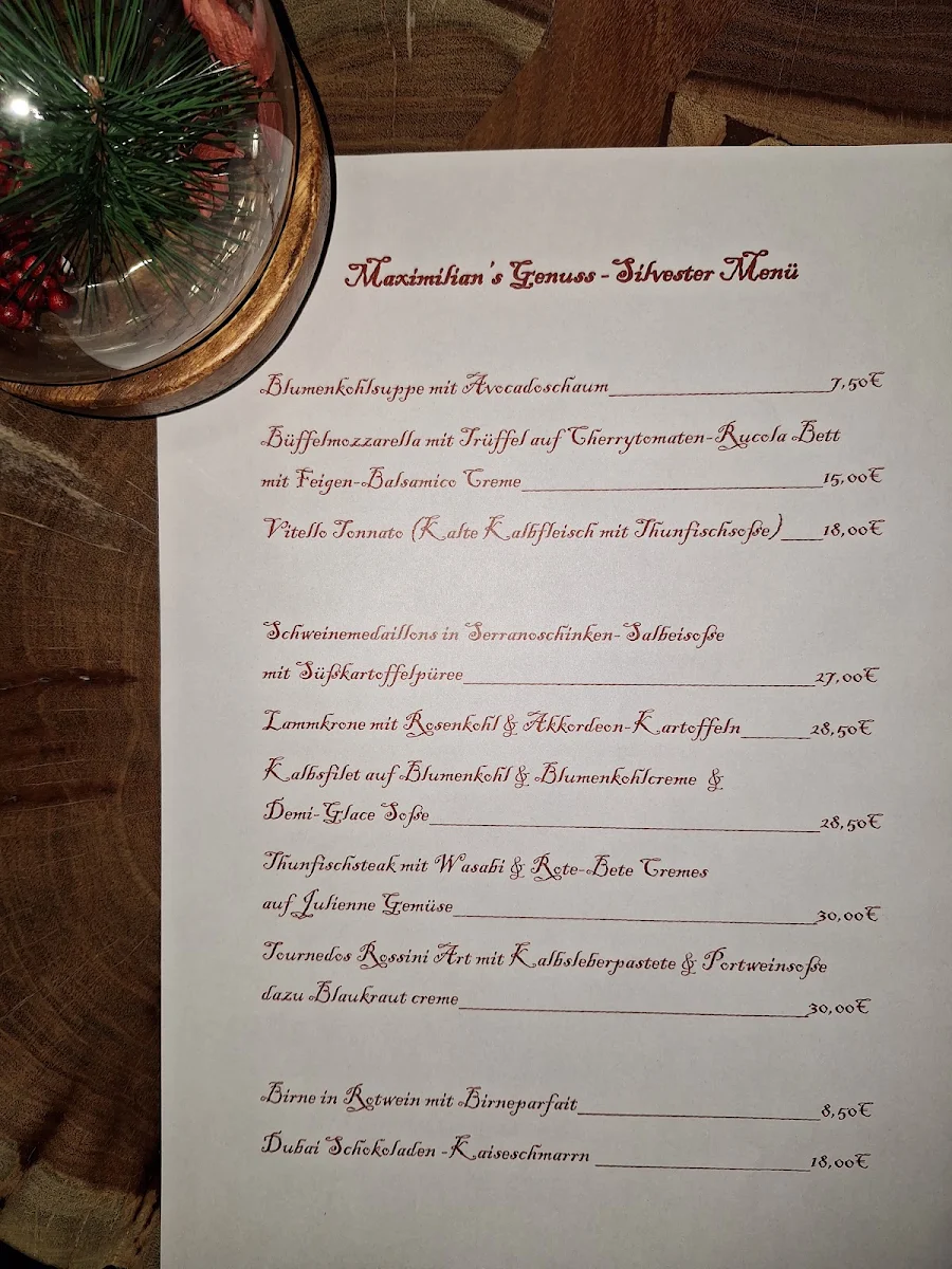 Speisekarte, Maximilian's Restaurant-Restaurant mit mediterraner und internationaler Küche