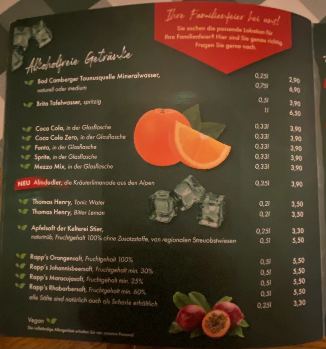 Speisekarte, Wirtshaus Guglhupf
