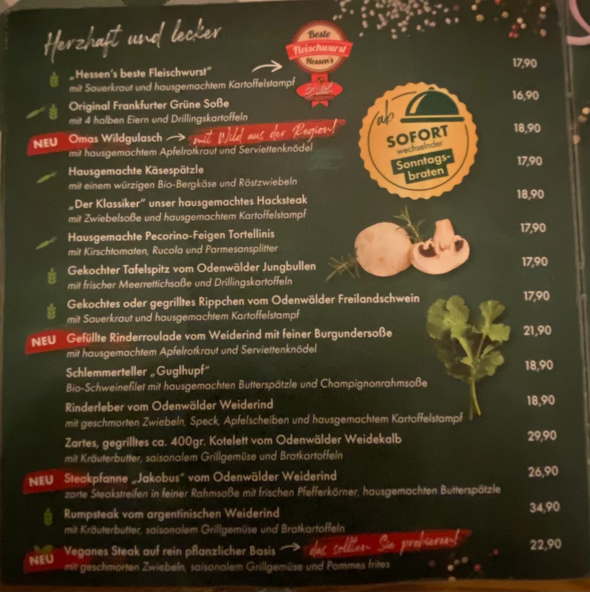 Speisekarte, Wirtshaus Guglhupf