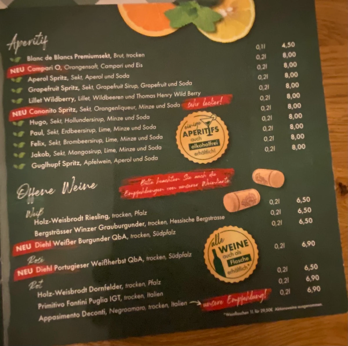 Speisekarte, Wirtshaus Guglhupf