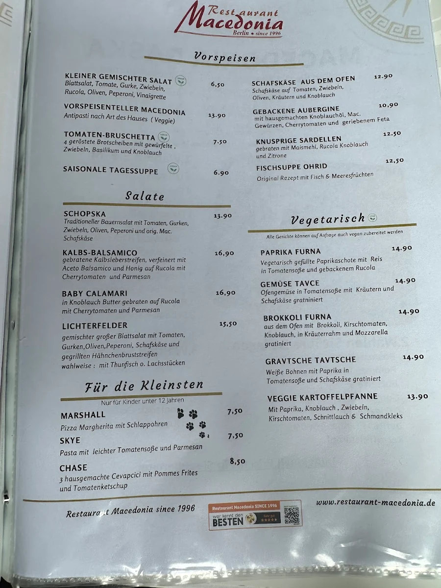 Speisekarte, Restaurant Macedonia