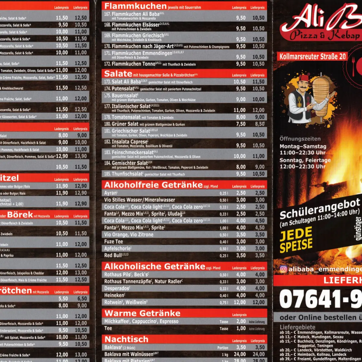 Speisekarte, Ali Baba Pizza und Kebab Haus Emmendingen (neuer Inhaber)