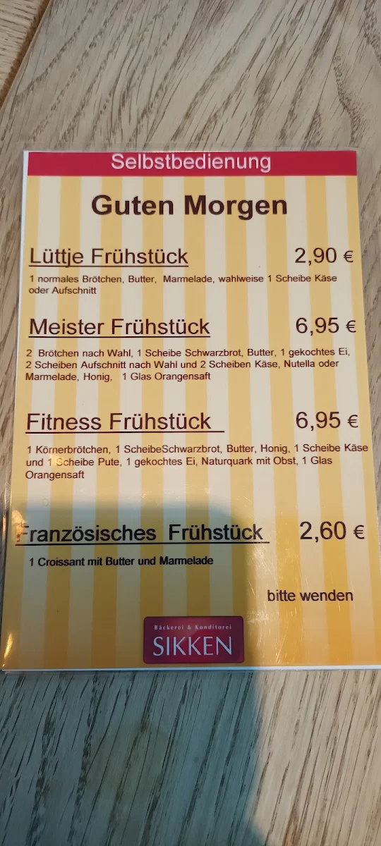 Speisekarte, Bäckerei Sikken, Filiale Harsweg