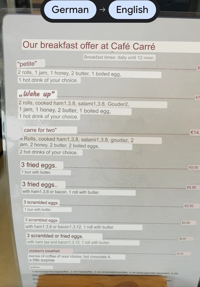 Speisekarte, Café Carré