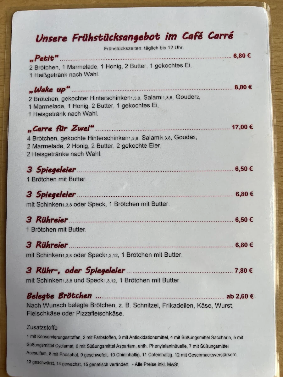 Speisekarte, Café Carré