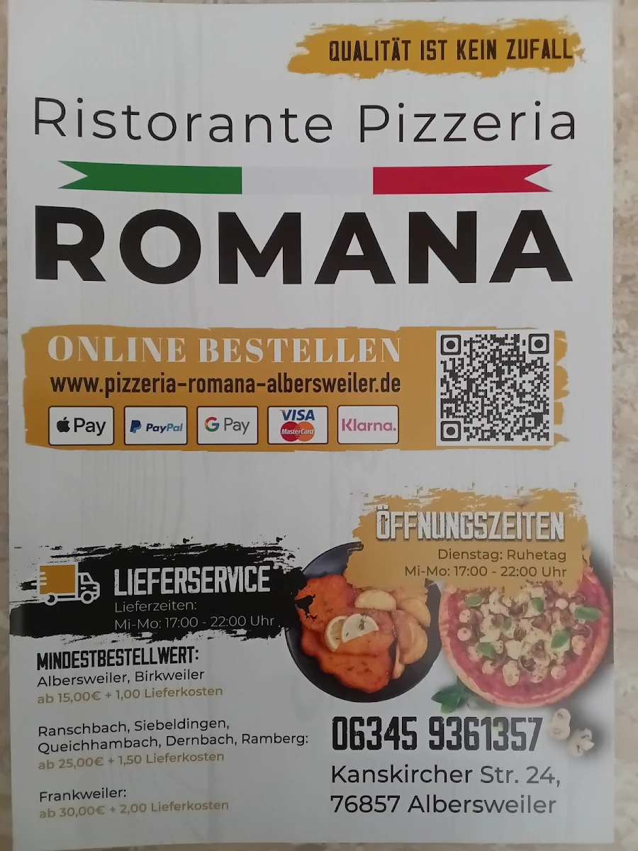 Speisekarte, Ristorante Pizzeria Romana albersweiler
