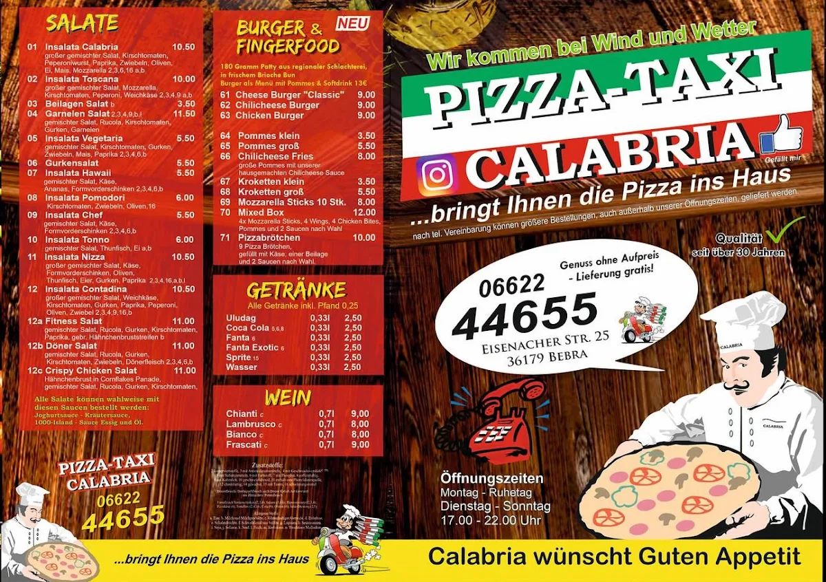 Speisekarte, Pizza-Taxi Calabria