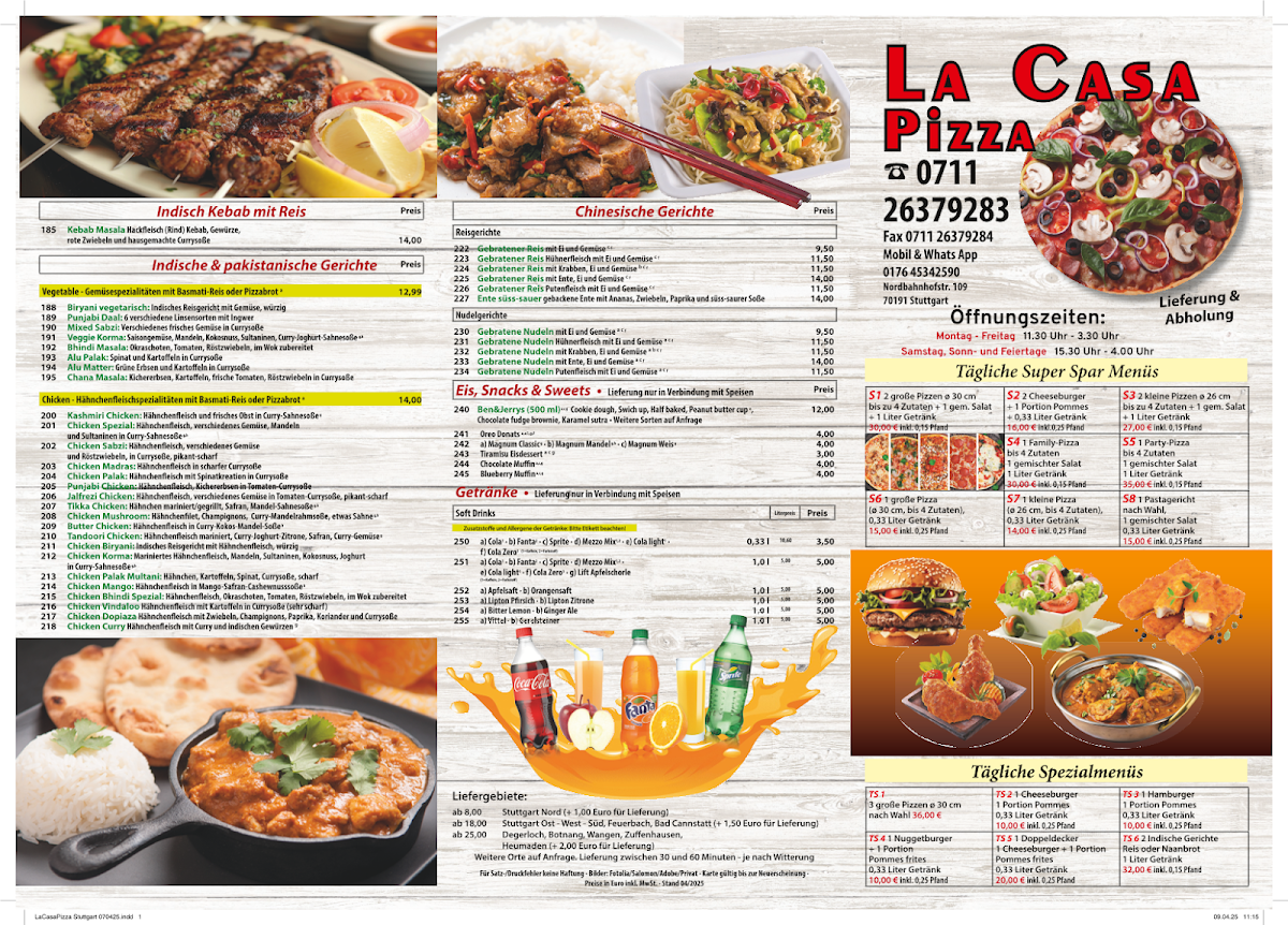 Speisekarte, La Casa Pizza