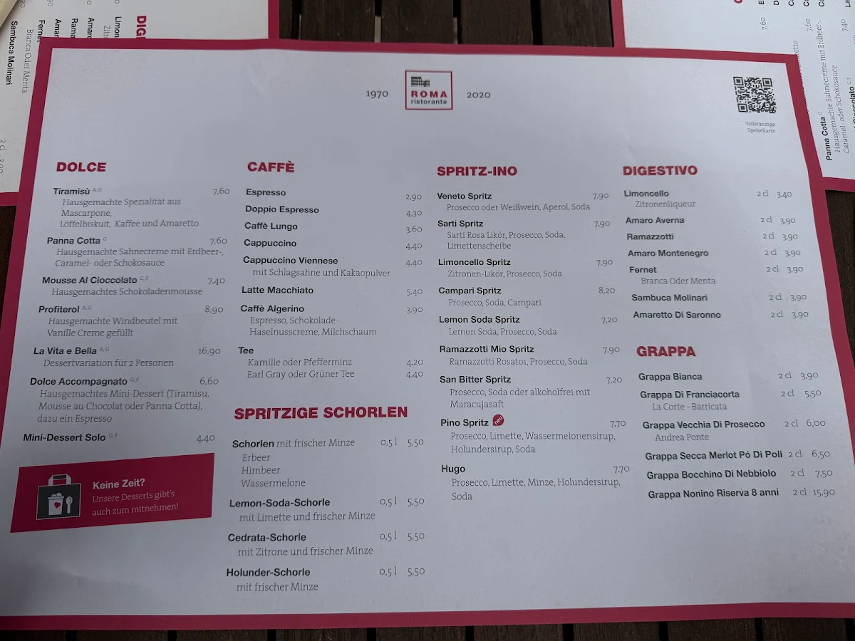 Speisekarte, Ristorante Roma