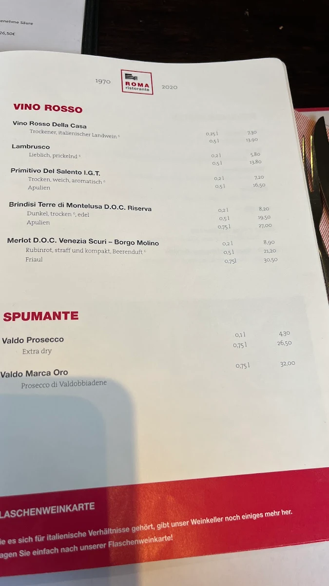 Speisekarte, Ristorante Roma