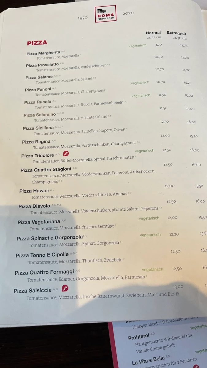Speisekarte, Ristorante Roma