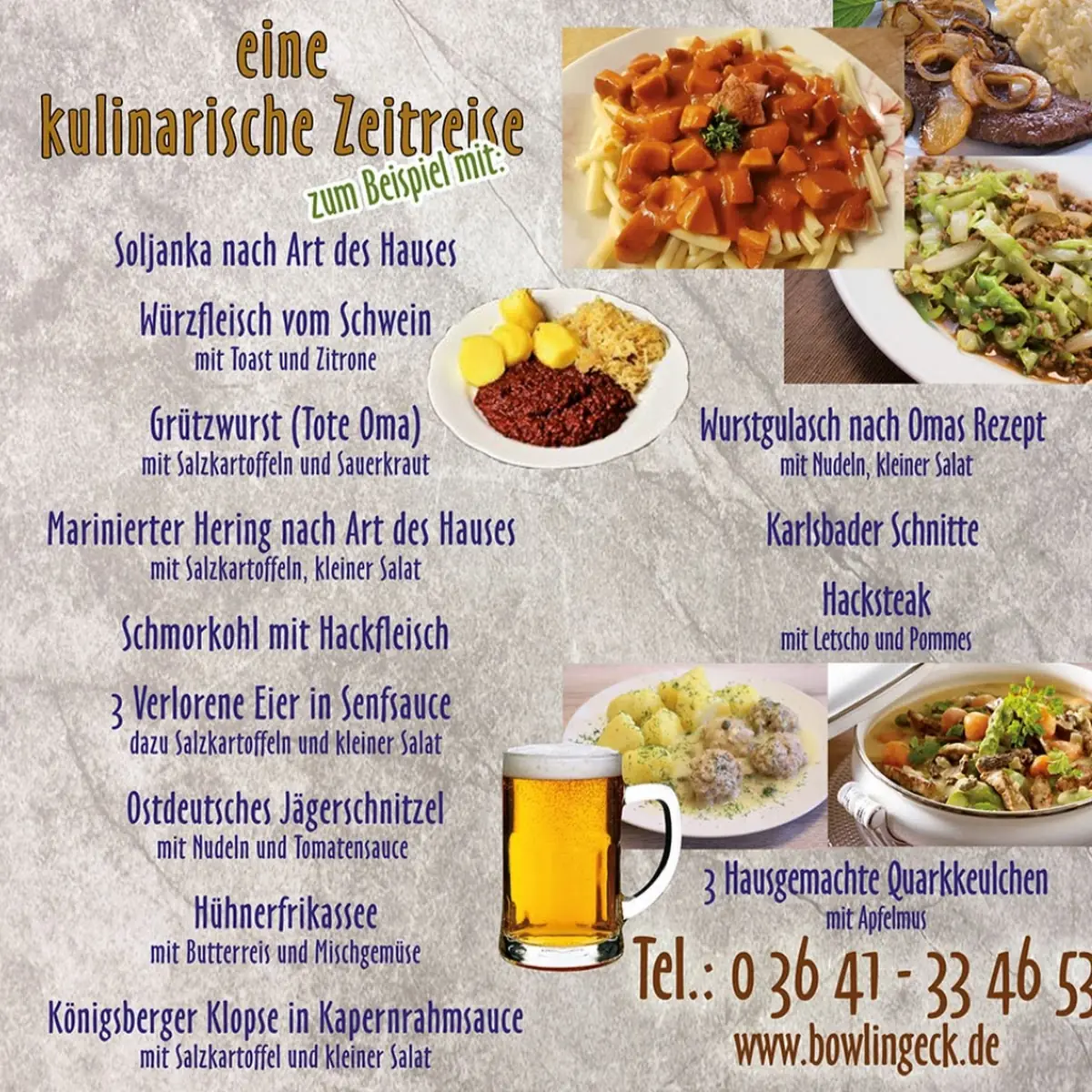 Speisekarte, Gaststätte Bowling-Eck