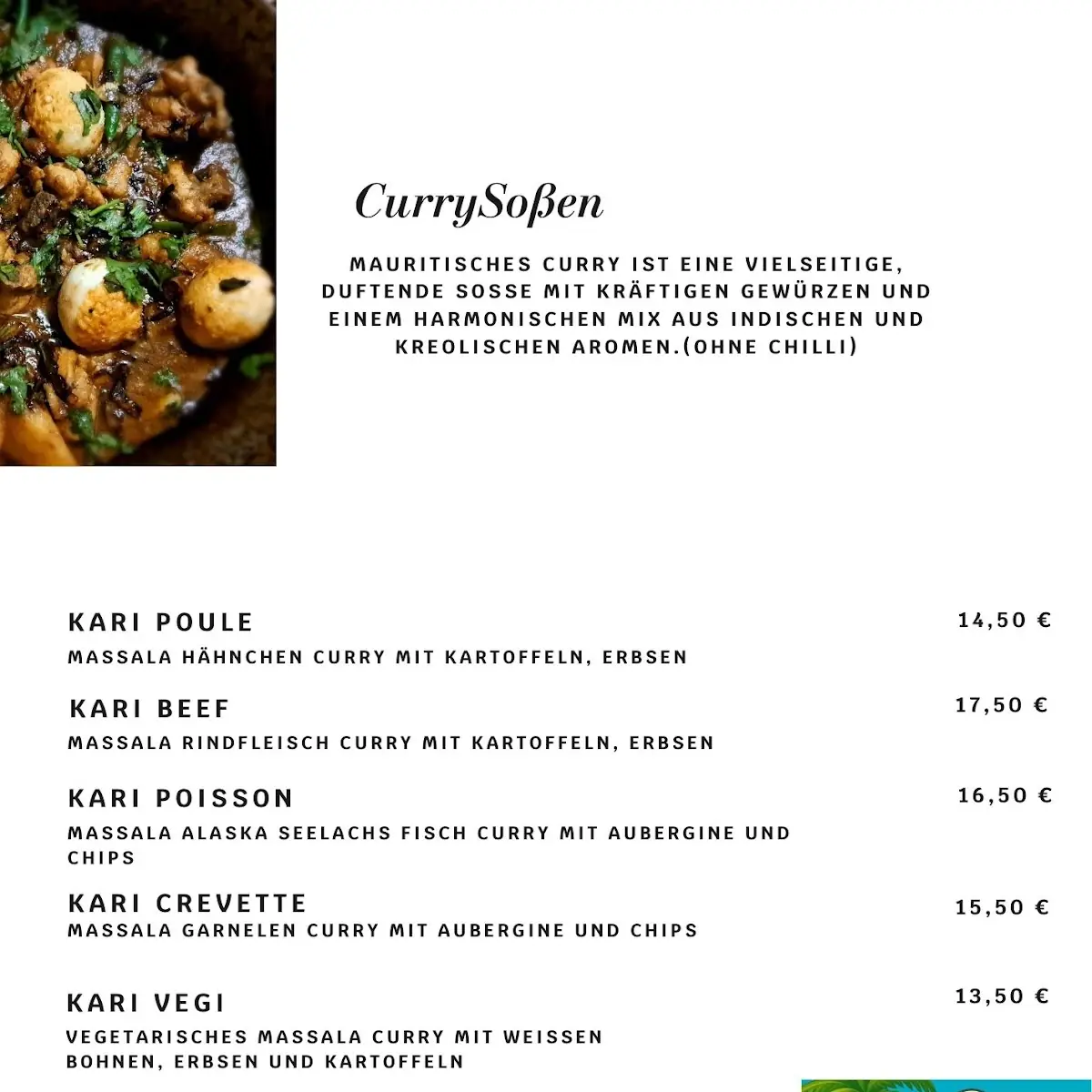Speisekarte, Mauritius Kitchen Restaurant