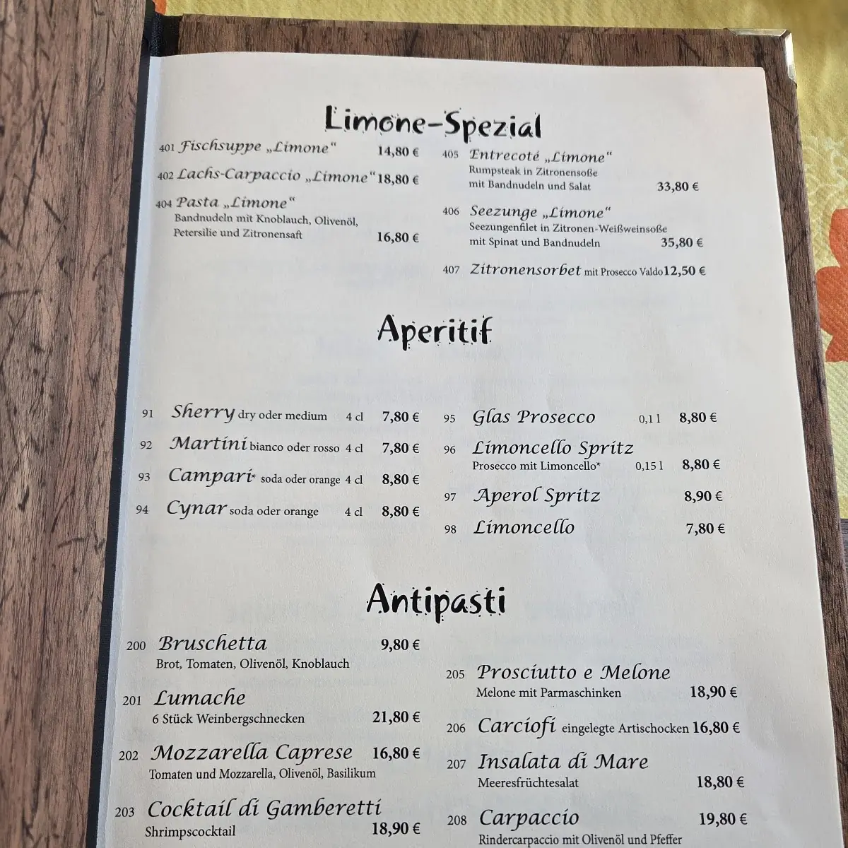 Speisekarte, Restaurant Limone