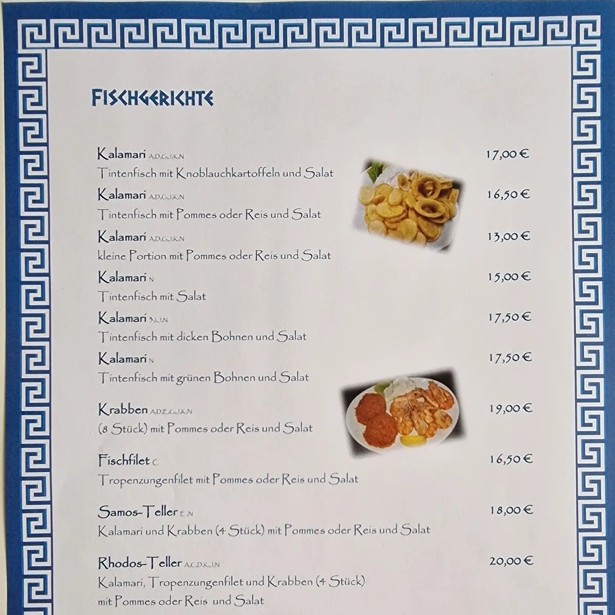 Speisekarte, Griechisches Restaurant Zum Alten Bach