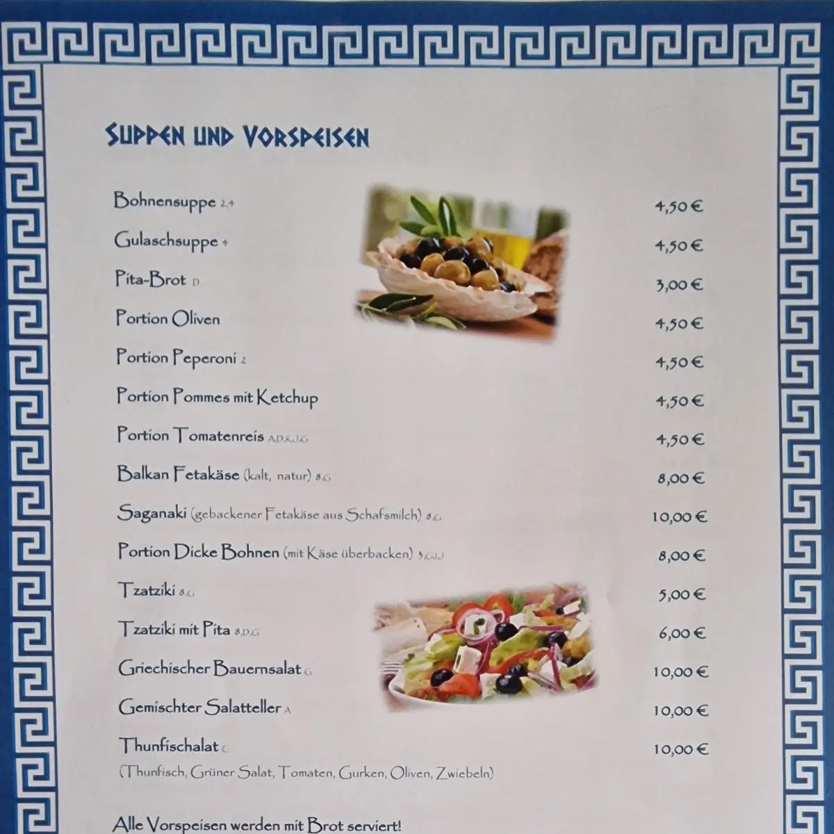 Speisekarte, Griechisches Restaurant Zum Alten Bach