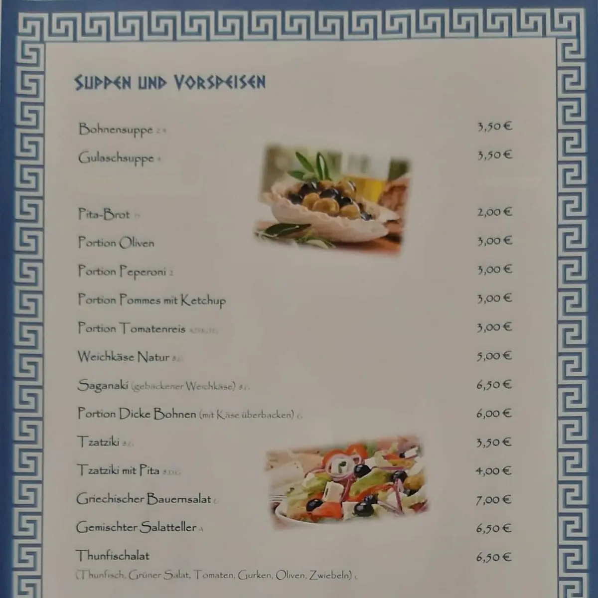 Speisekarte, Griechisches Restaurant Zum Alten Bach