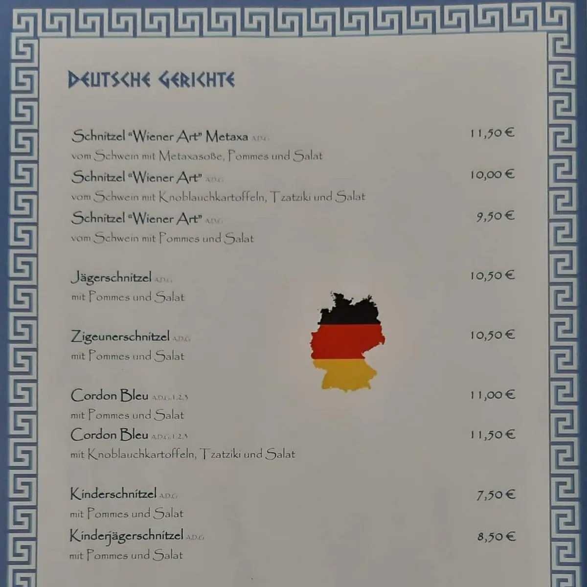 Speisekarte, Griechisches Restaurant Zum Alten Bach