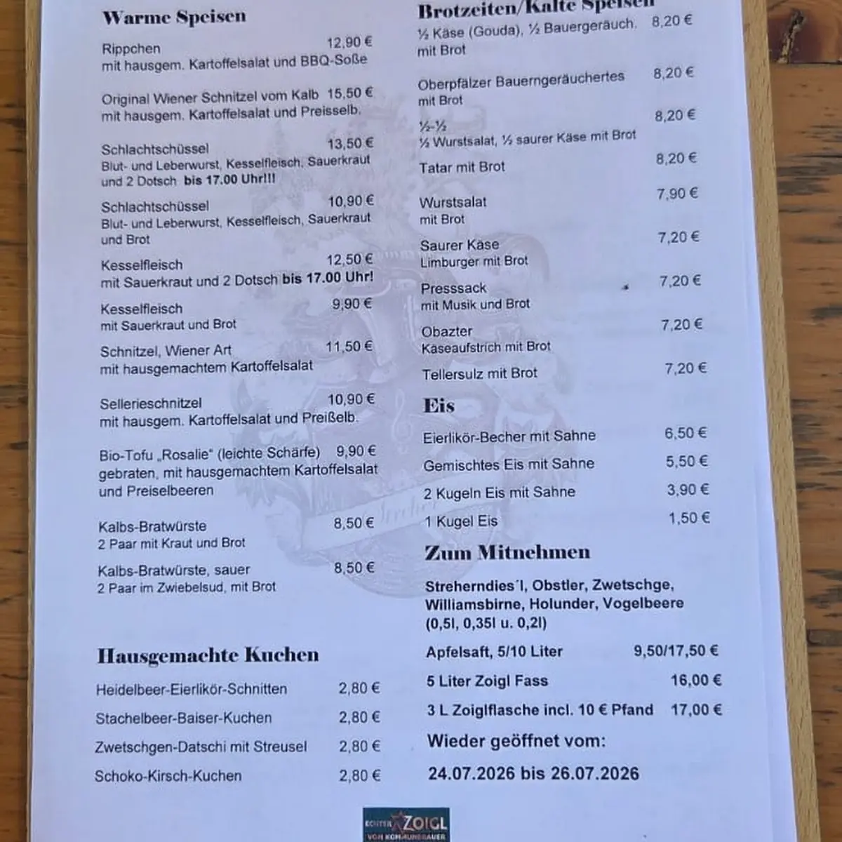 Speisekarte, Zoigl beim Strehern