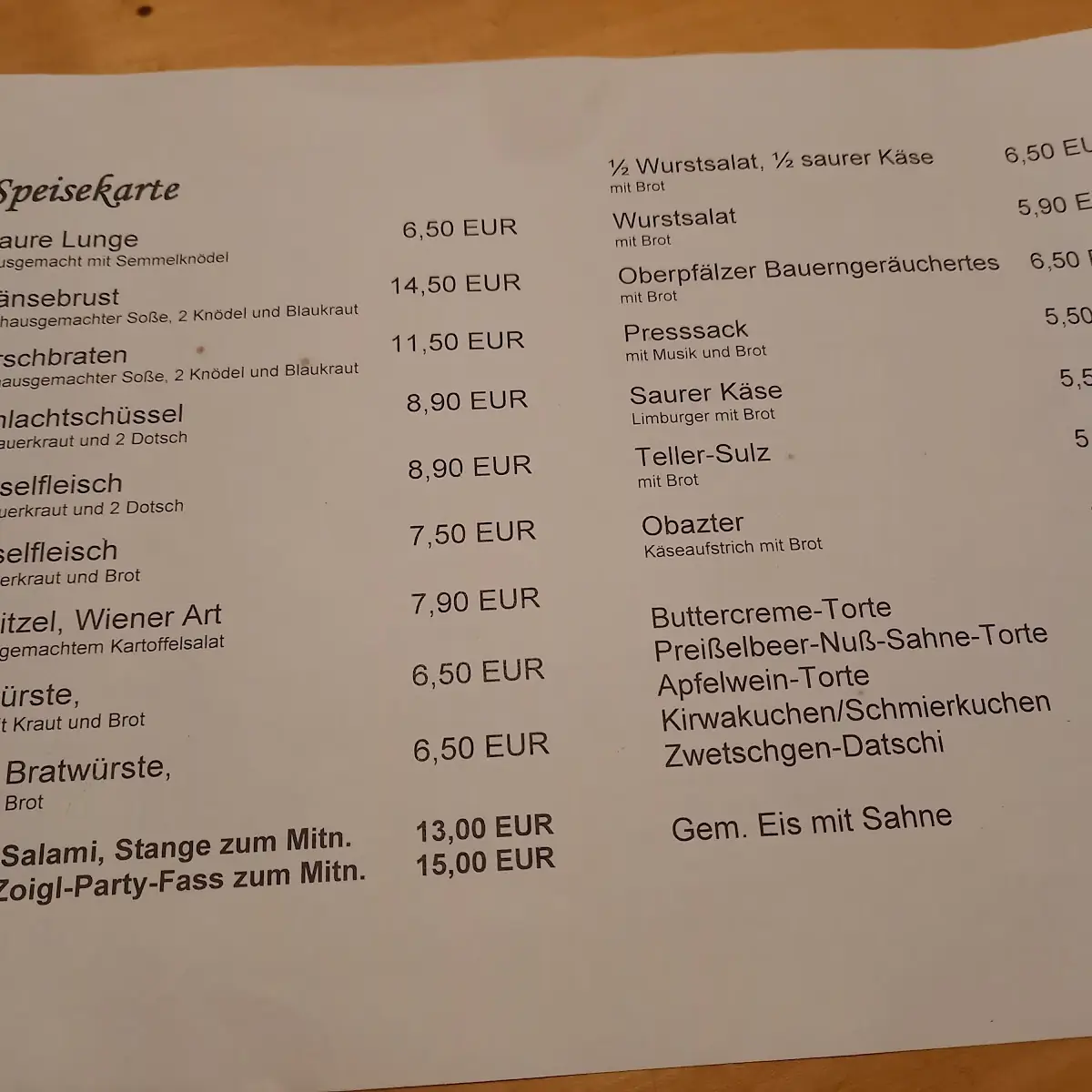 Speisekarte, Zoigl beim Strehern