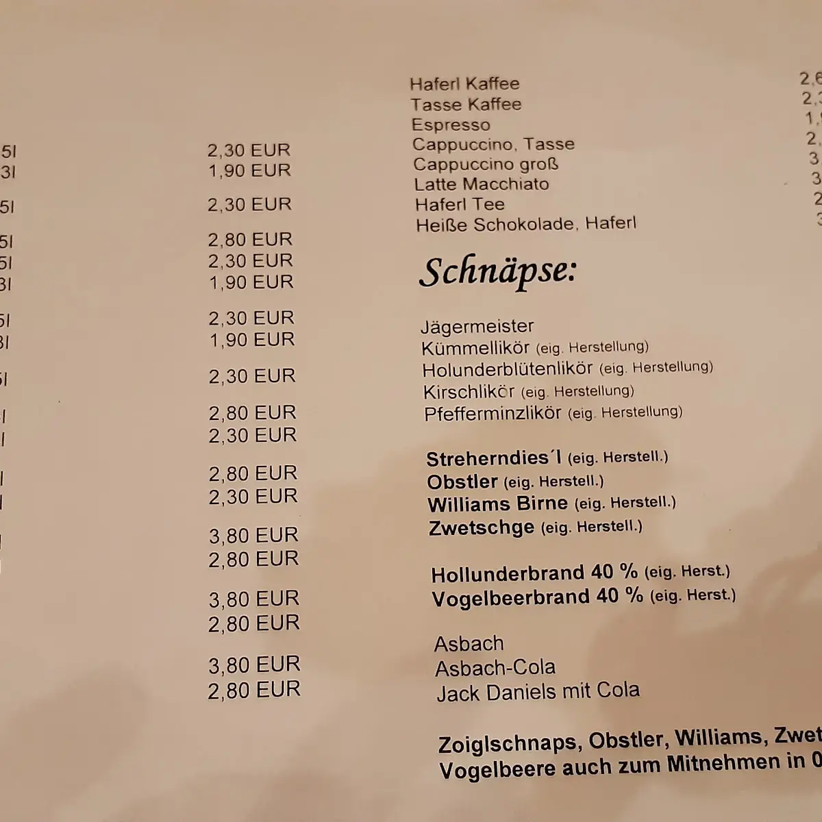 Speisekarte, Zoigl beim Strehern