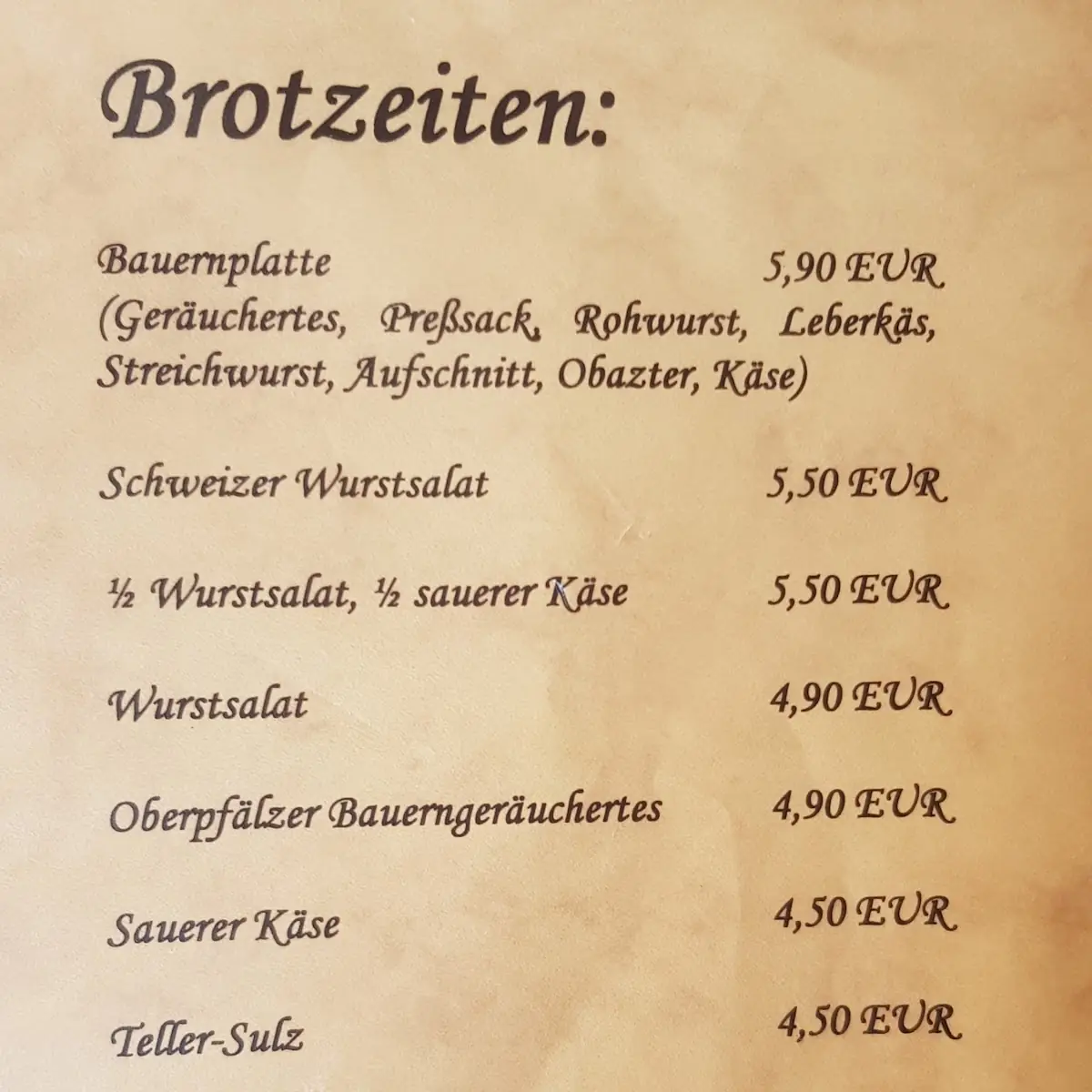 Speisekarte, Zoigl beim Strehern