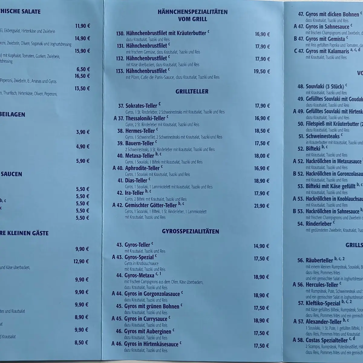 Speisekarte, Restaurant Metaxas