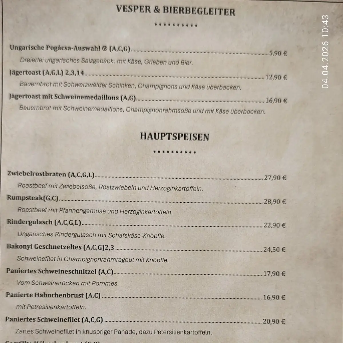 Speisekarte, Brauereigaststätte Riedbach