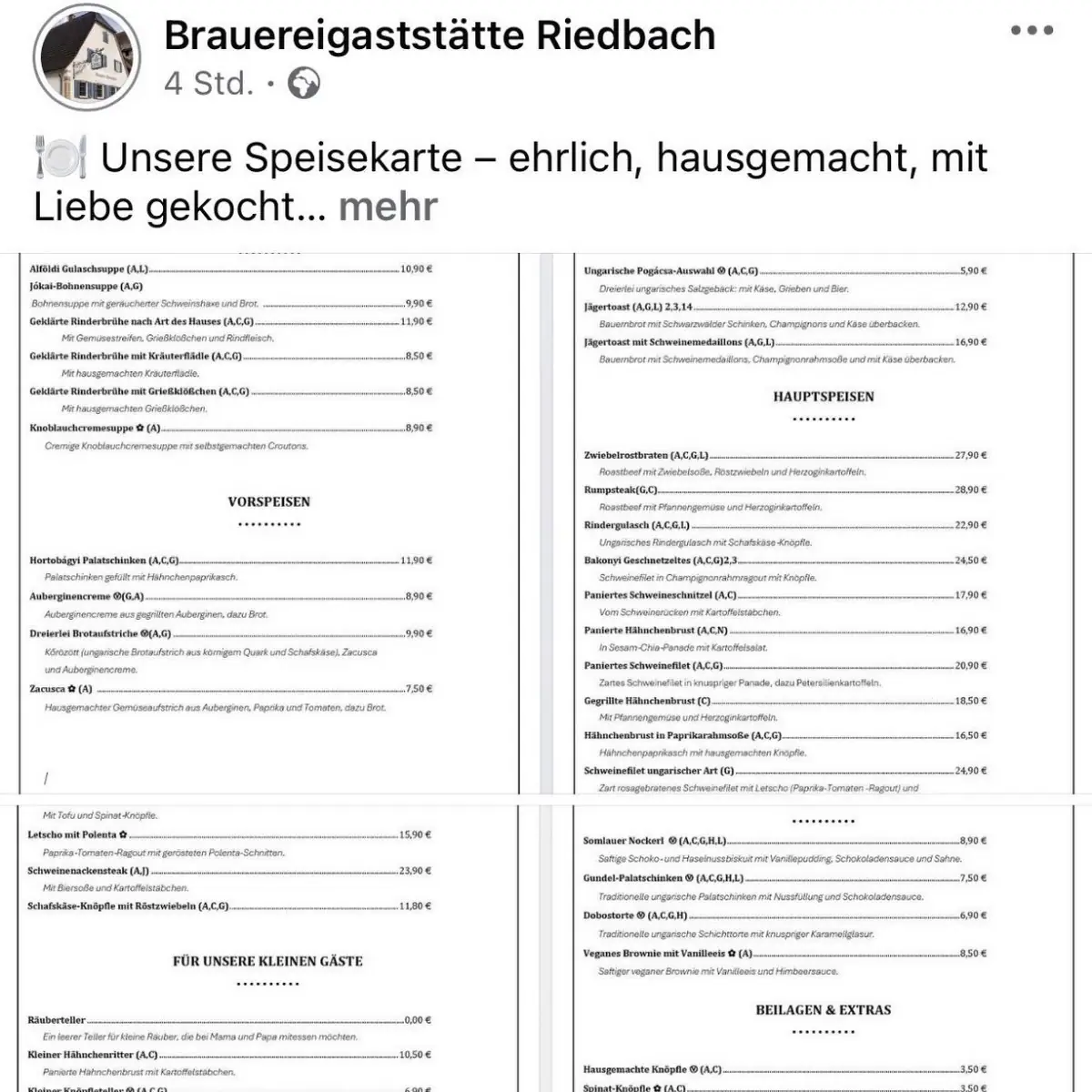 Speisekarte, Brauereigaststätte Riedbach