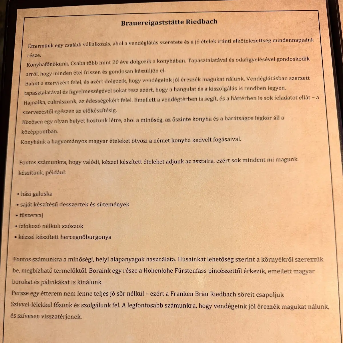 Speisekarte, Brauereigaststätte Riedbach