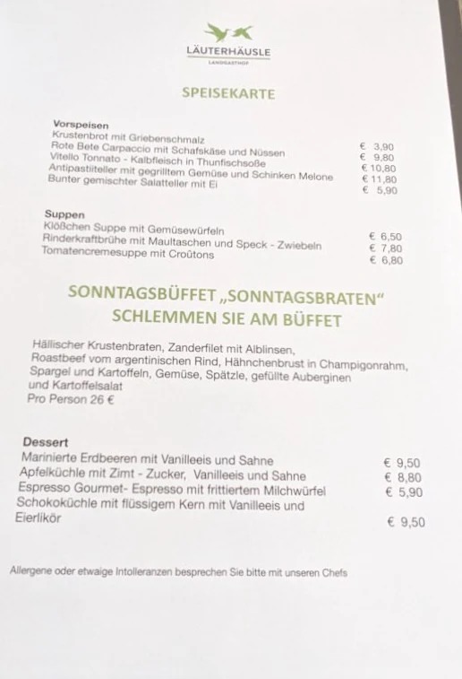 Speisekarte, Landgasthof Läuterhäusle