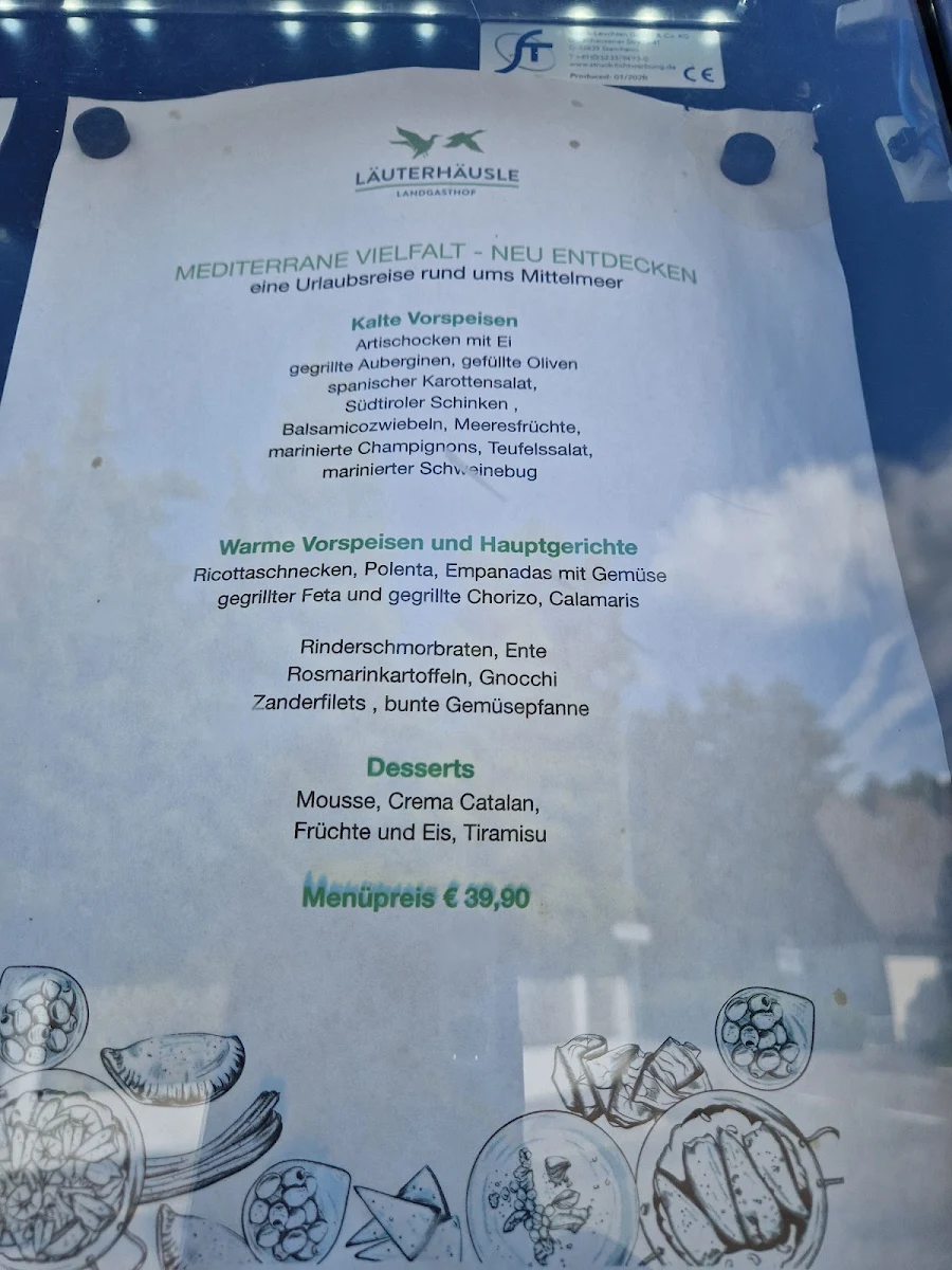 Speisekarte, Landgasthof Läuterhäusle
