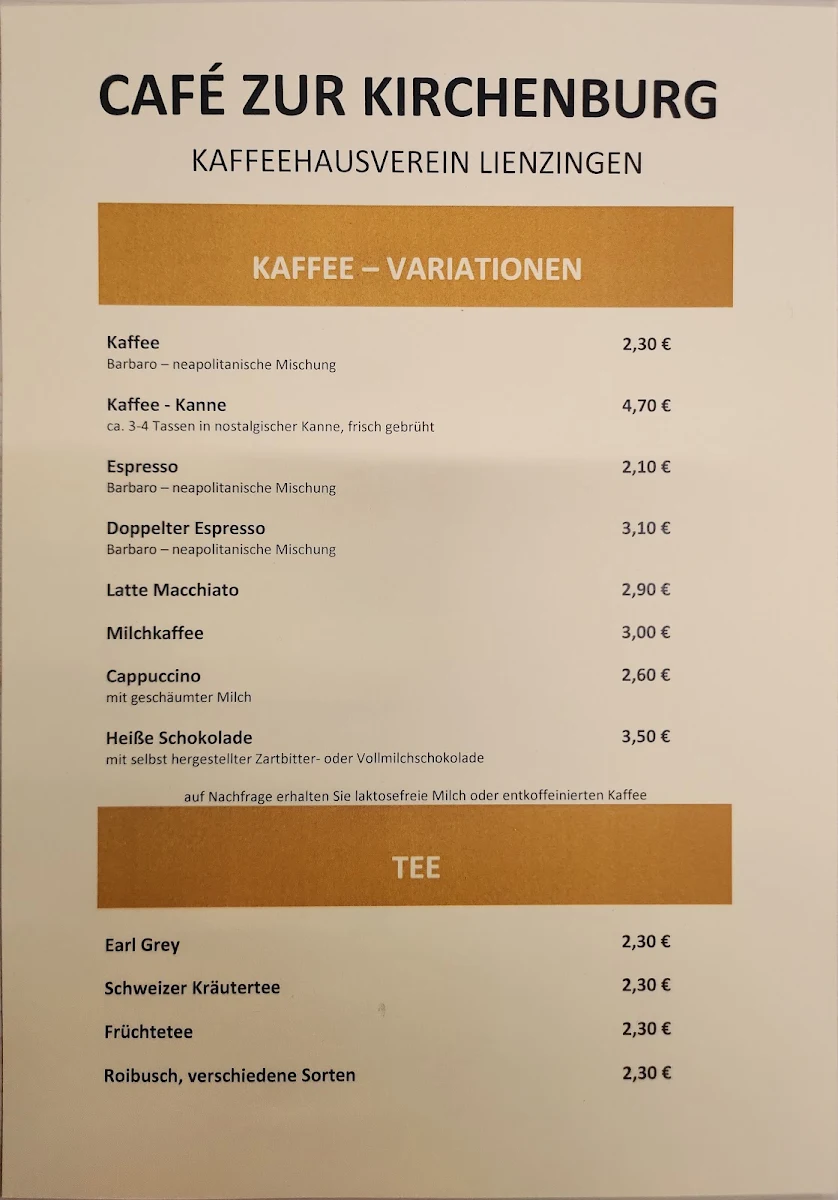 Speisekarte, Café zur Kirchenburg