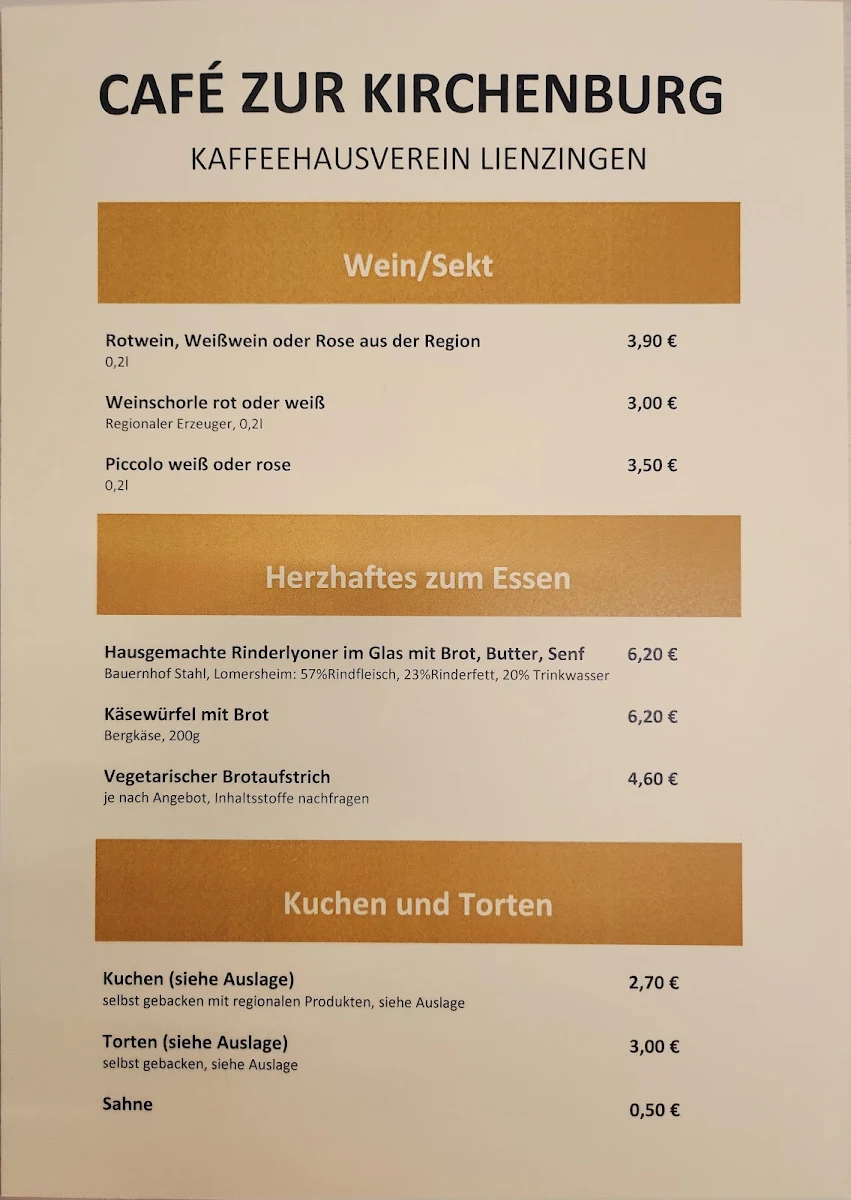 Speisekarte, Café zur Kirchenburg