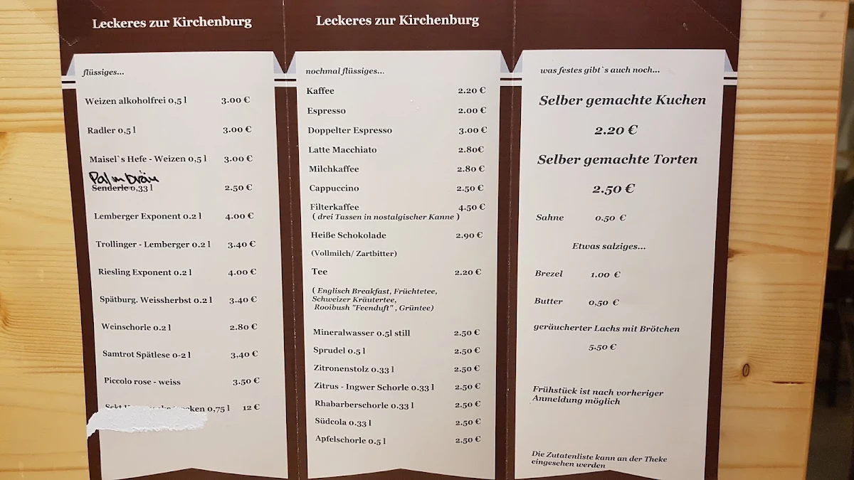 Speisekarte, Café zur Kirchenburg