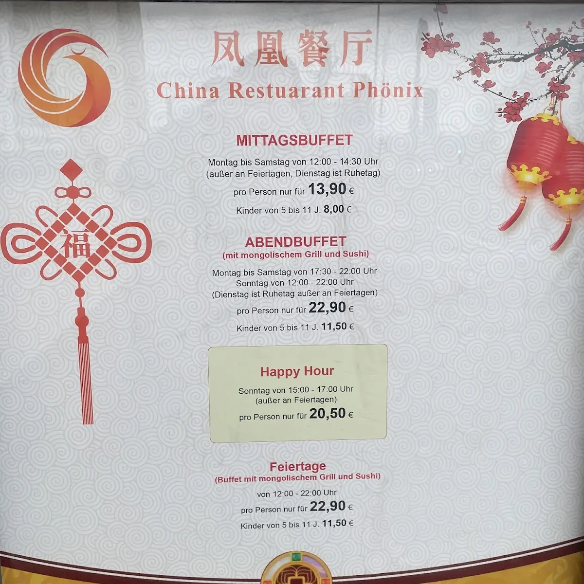 Speisekarte, China Restaurant Phoenix