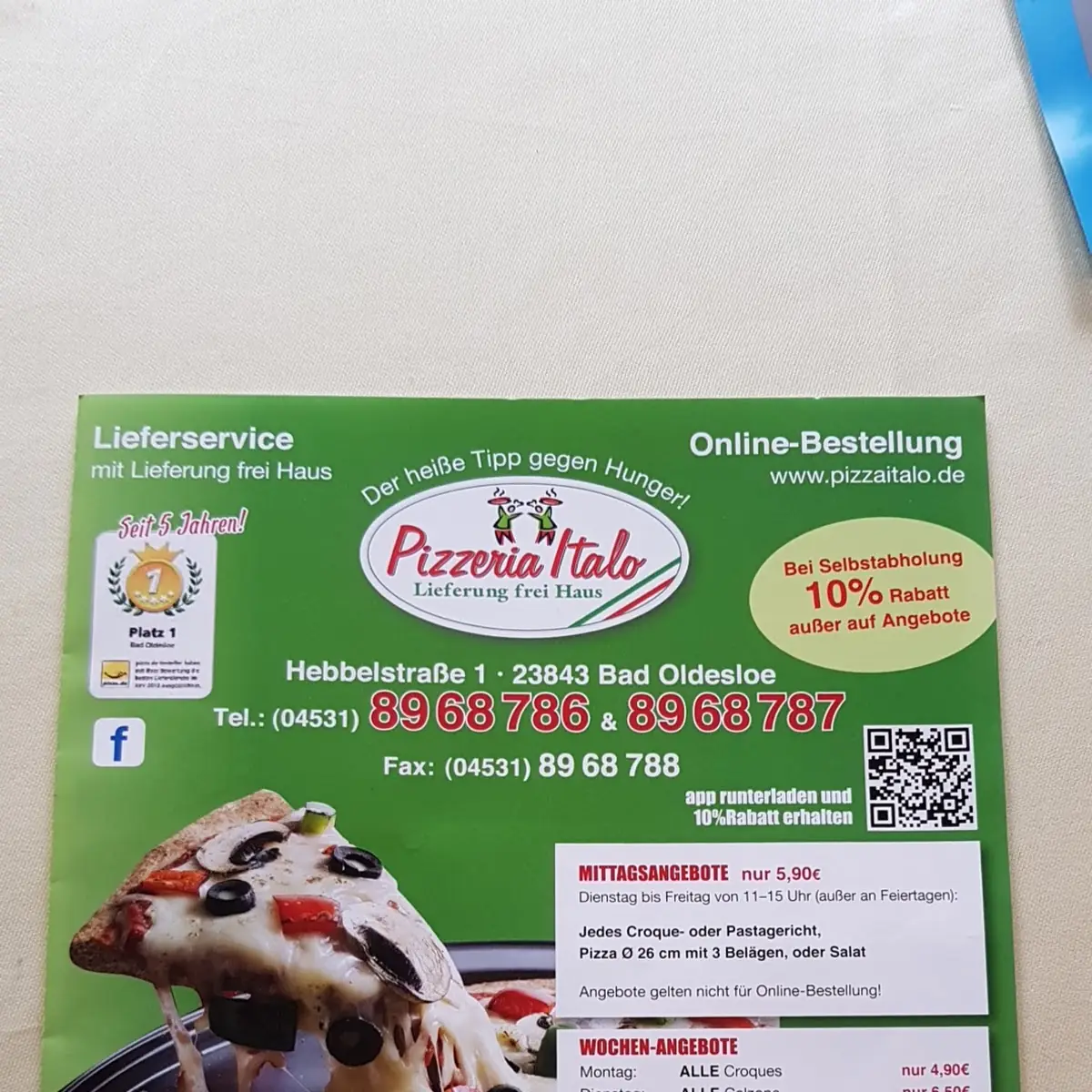 Speisekarte, Pizzeria Italo
