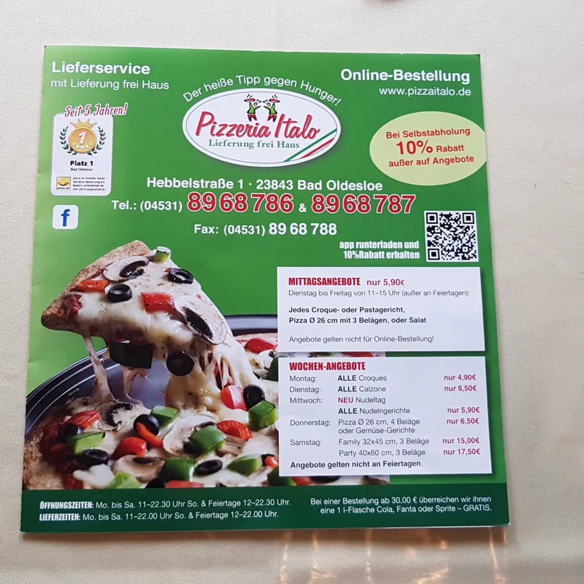Speisekarte, Pizzeria Italo