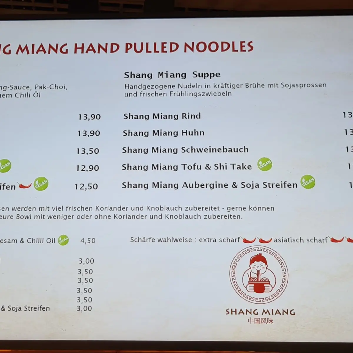Speisekarte, Shang Miang Hand Pulled Noodles