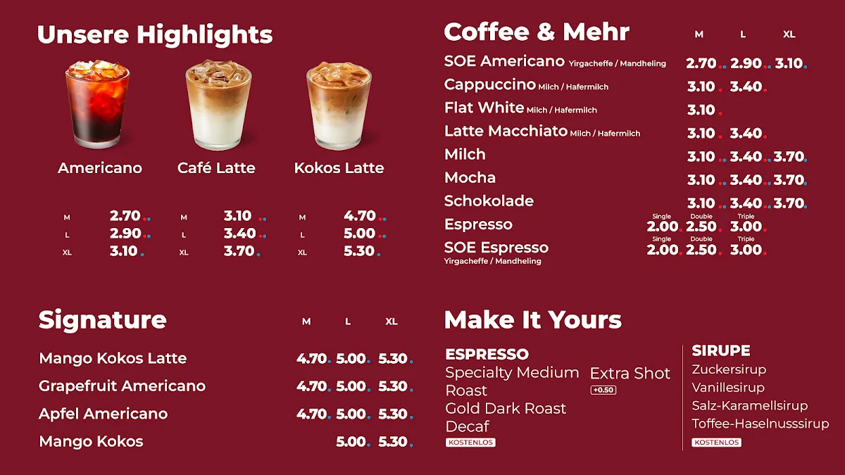Speisekarte, Cotti Coffee - Schloss Straßen Center