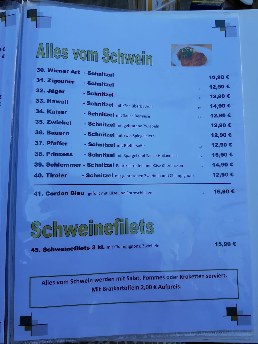 Speisekarte, Schattodrom bei Helmut
